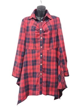 Camisa Red Navy Plaid Flannel Button Down Tunic Shirt Size L Ruched Chest NWOT
